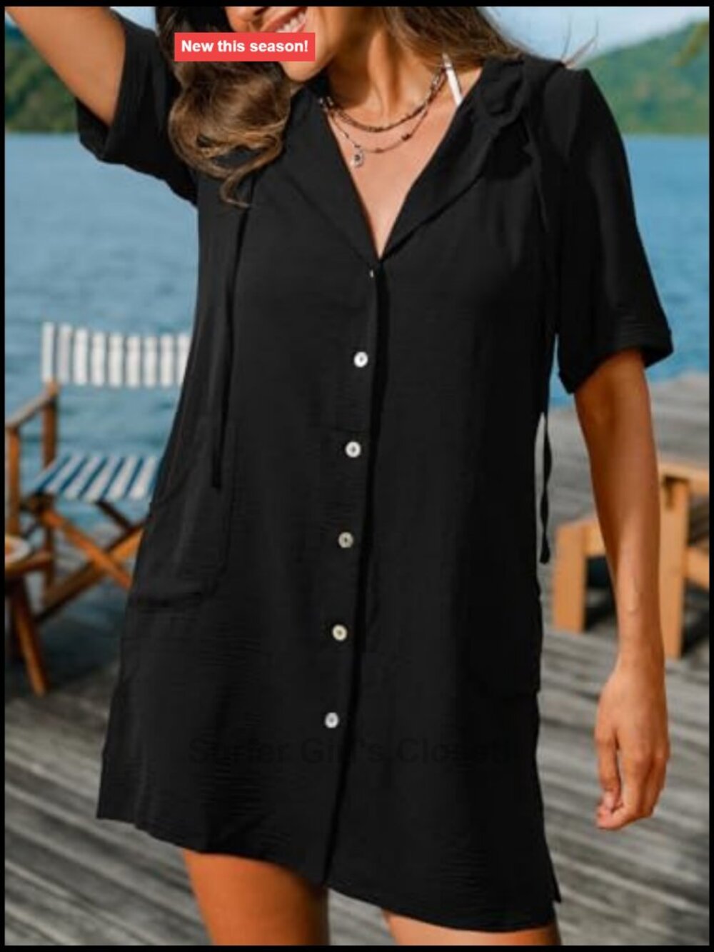 Button Down Shirt Style Swim Coverup Short Sleeve Beach Dress Lightweight - Picture 3 of 4